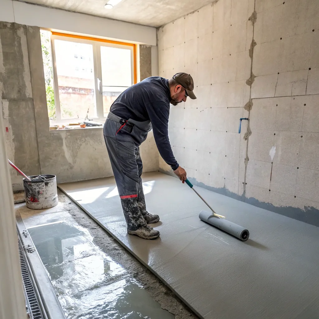 tradesperson applying waterproofing membrane to an ensuite floor ahead of tiling in a Townsville home