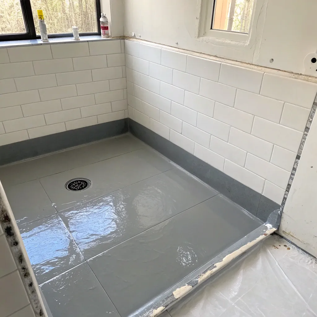 completed waterproofing membrane on bathroom walls and floor ready for tiling