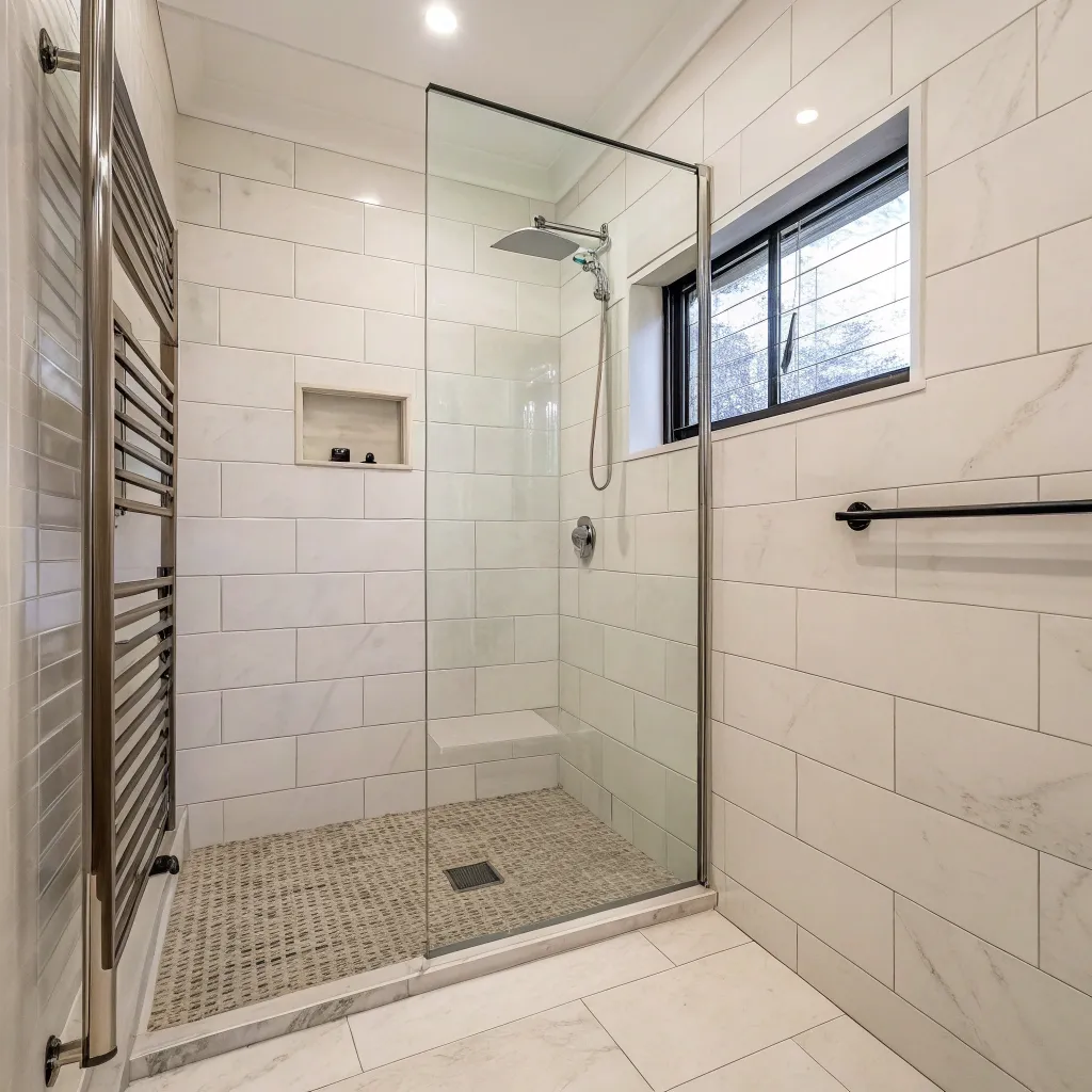 Frameless shower screen in a small bathroom renovation North Queensland