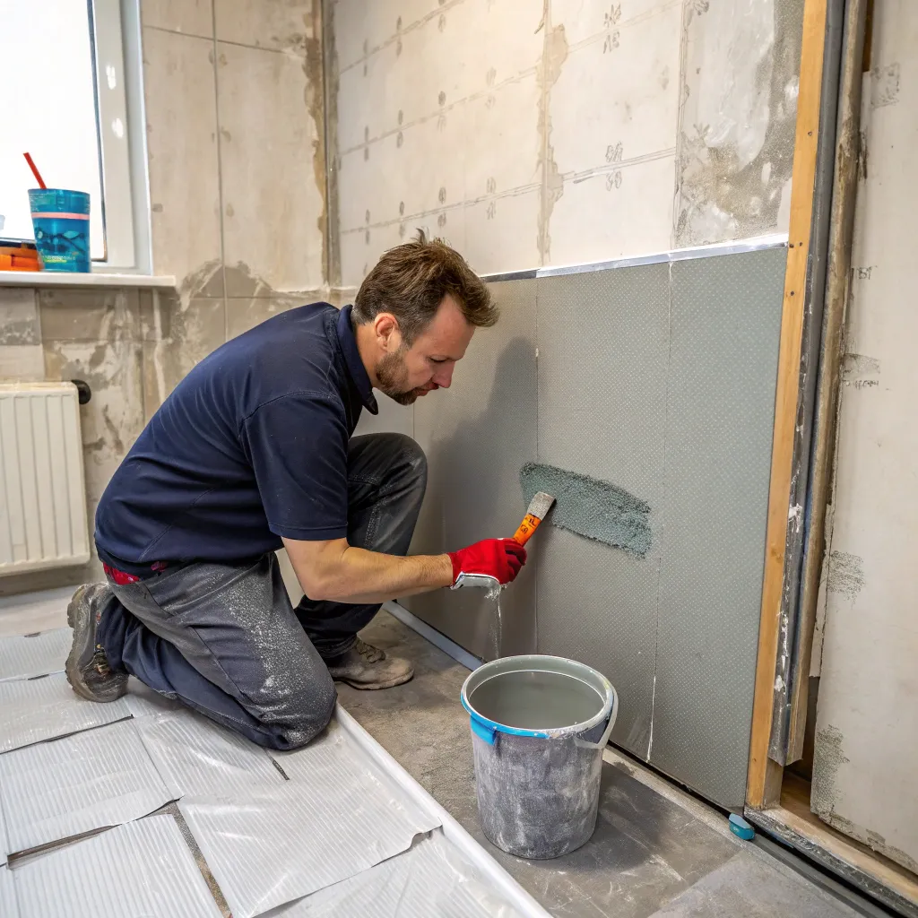 Tradesperson applying waterproofing membrane to shower wall during a full strip-out and rewaterproofing repair