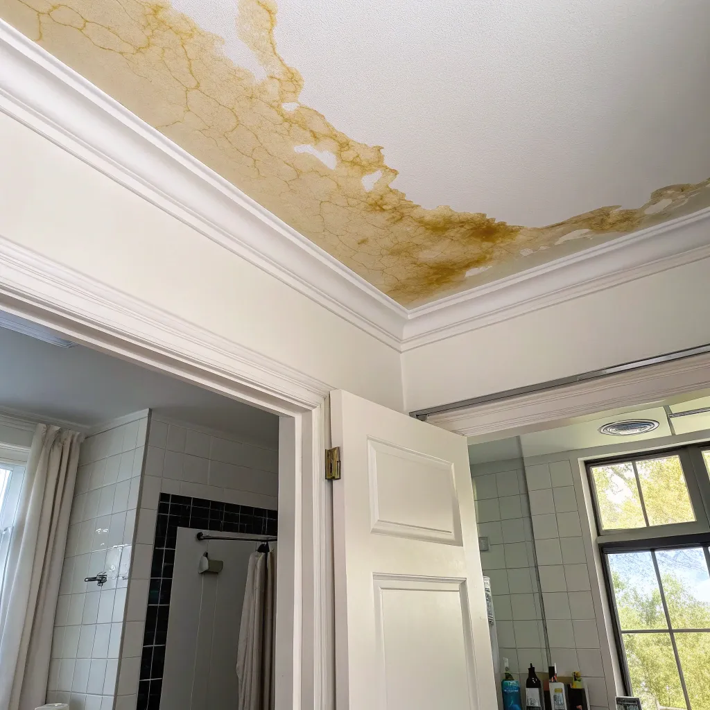 Water stain damage on ceiling below a bathroom caused by failed waterproofing membrane