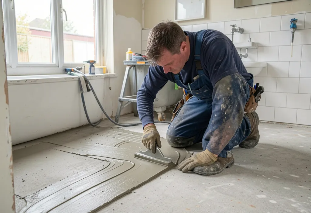 Tradesperson trowelling floor levelling compound in a bathroom renovation