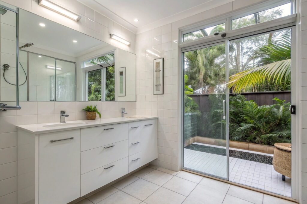 Full bathroom renovation in a Townsville home covering tiling, waterproofing, vanity, and fit-out