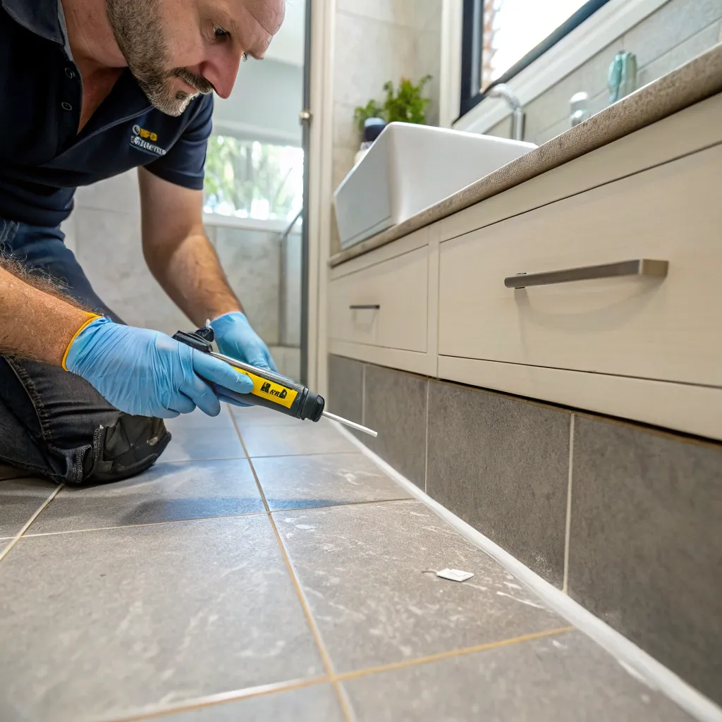 Tradesperson applying sealant along a bathroom vanity and tiled floor junction