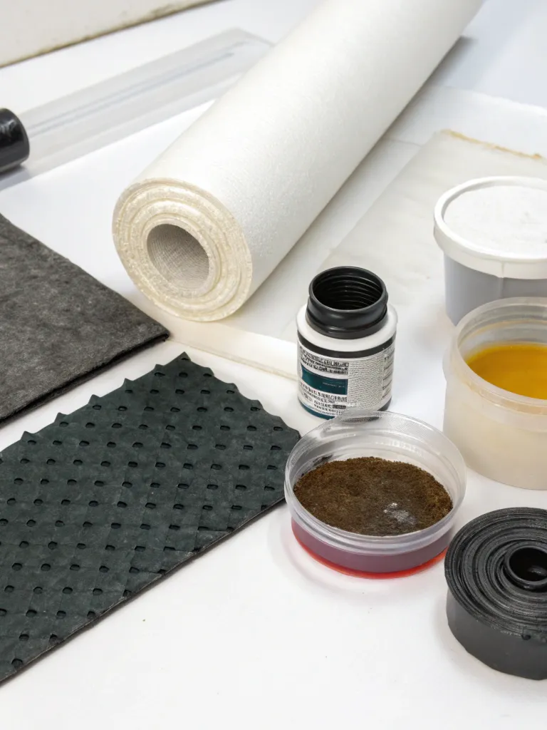 Waterproofing membrane roll, sealants and compounds laid out before installation