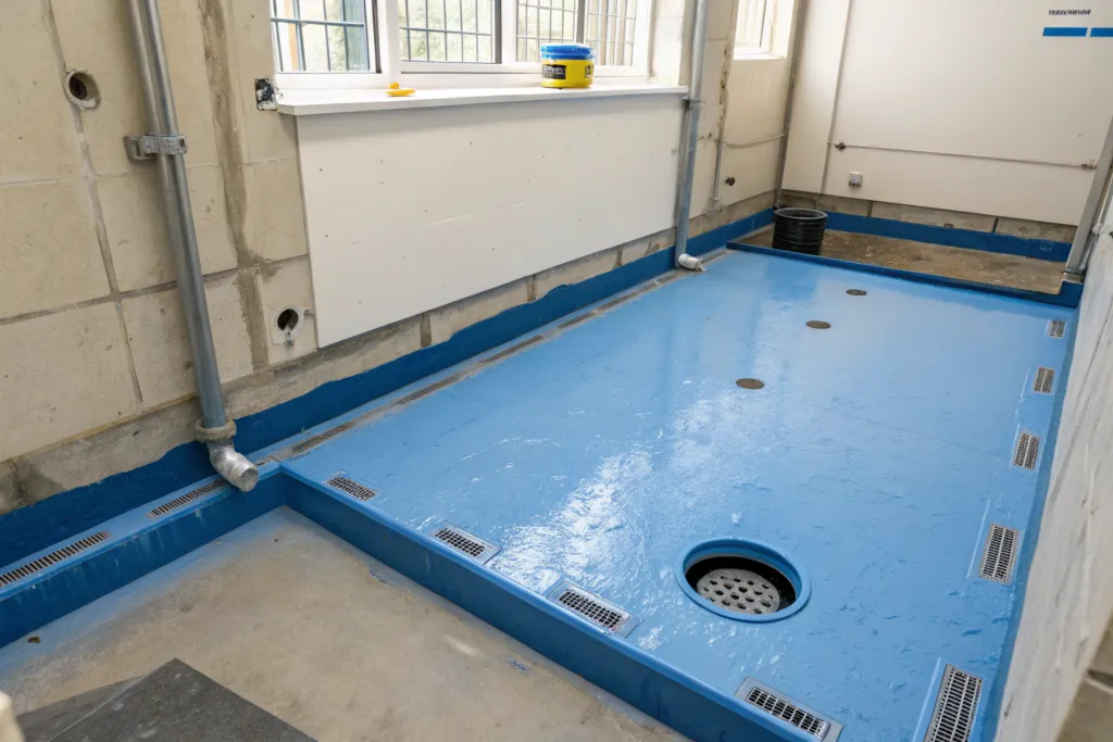 Blue liquid waterproofing membrane applied to a commercial bathroom floor and upstands