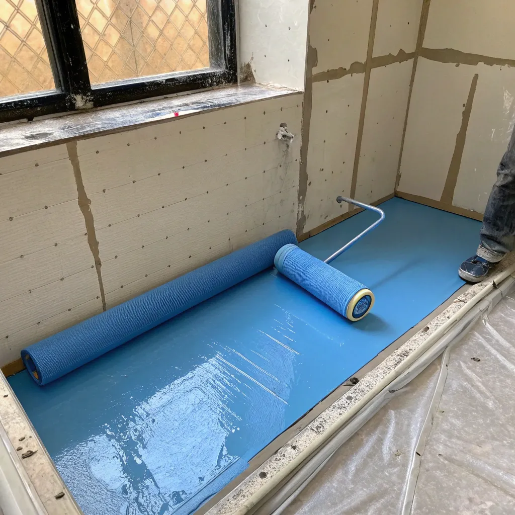 Freshly applied blue liquid waterproofing membrane