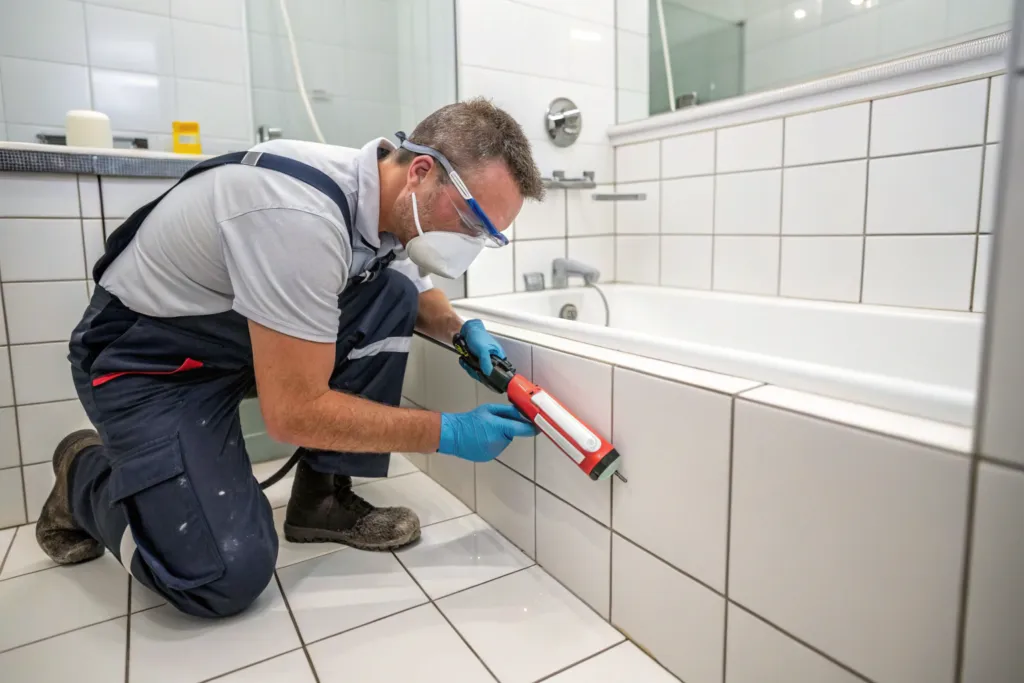 Tradesperson applying sealant along a bathtub edge with a caulking gun