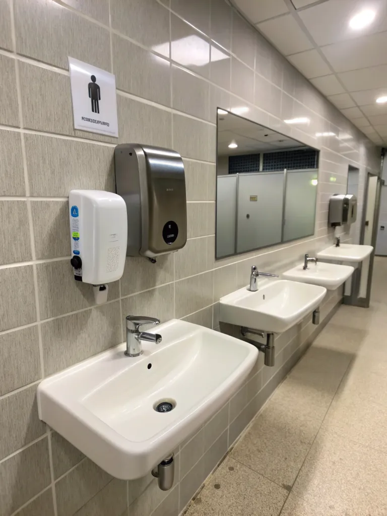 Row of wall-mounted basins with soap dispensers in a commercial bathroom
