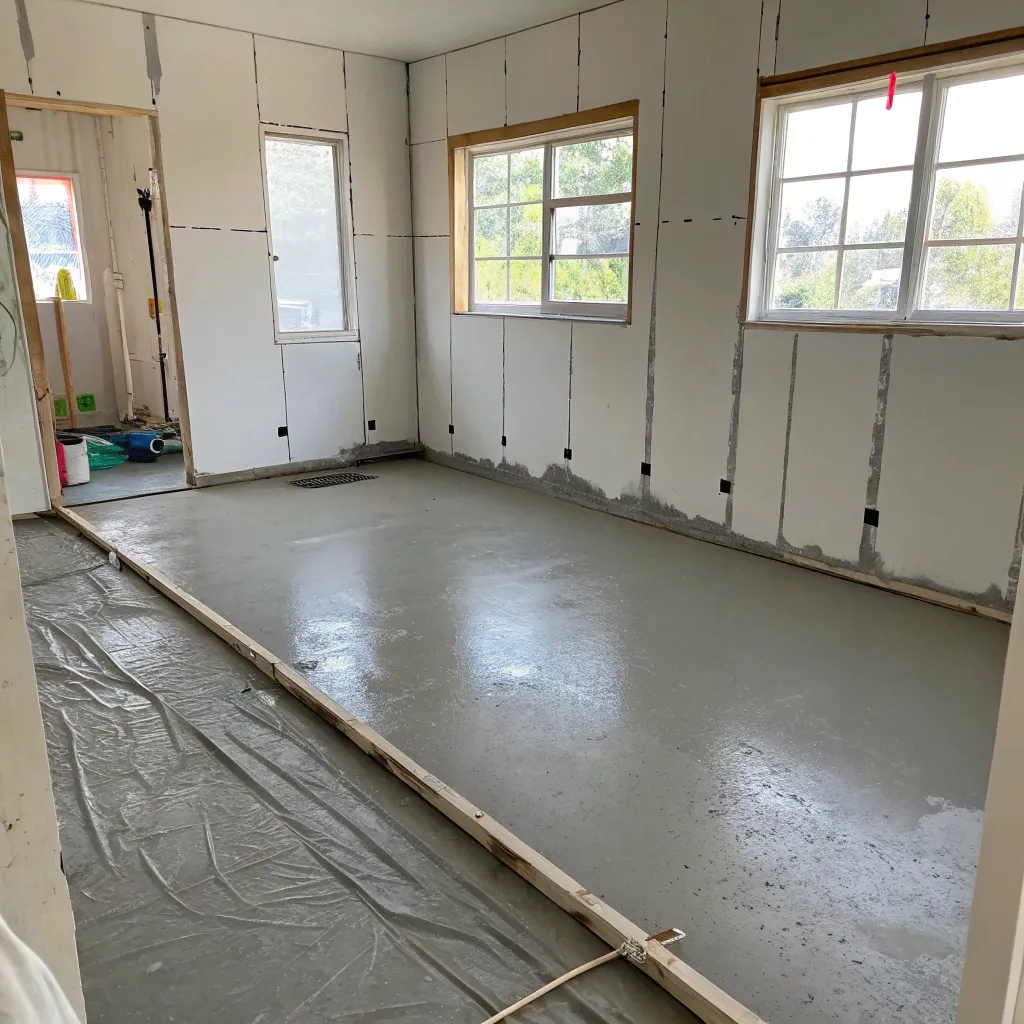 Bathroom mid-renovation with waterproofed subfloor and framed walls exposed