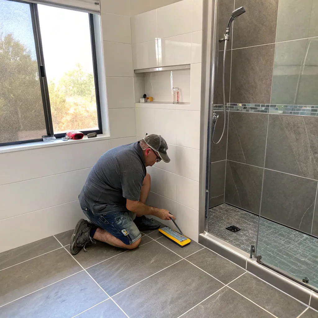 Tradesperson cleaning tiled floor beside a frameless glass shower recess
