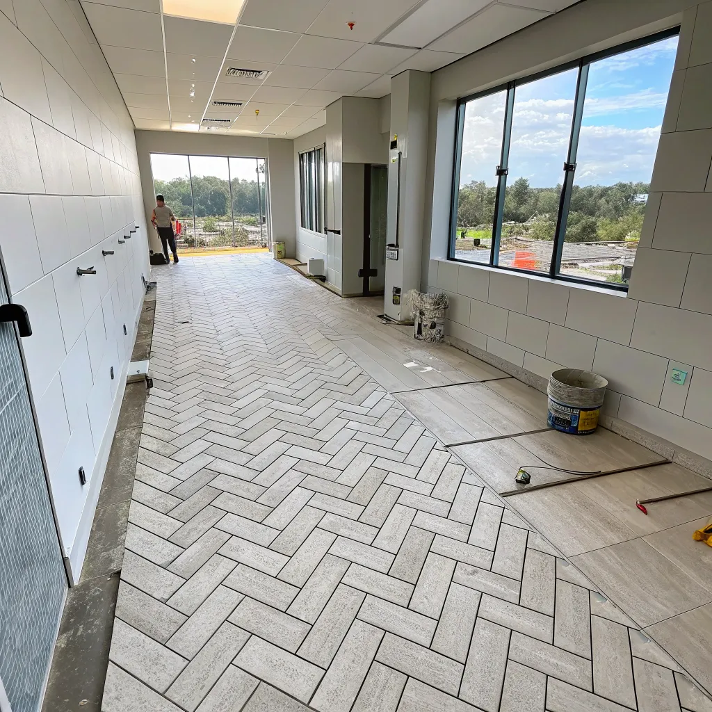 Herringbone floor tiling being installed in a commercial bathroom renovation