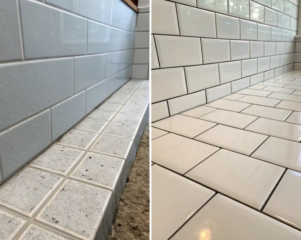 Before and after comparison of sealed subway tile grout lines in a bathroom