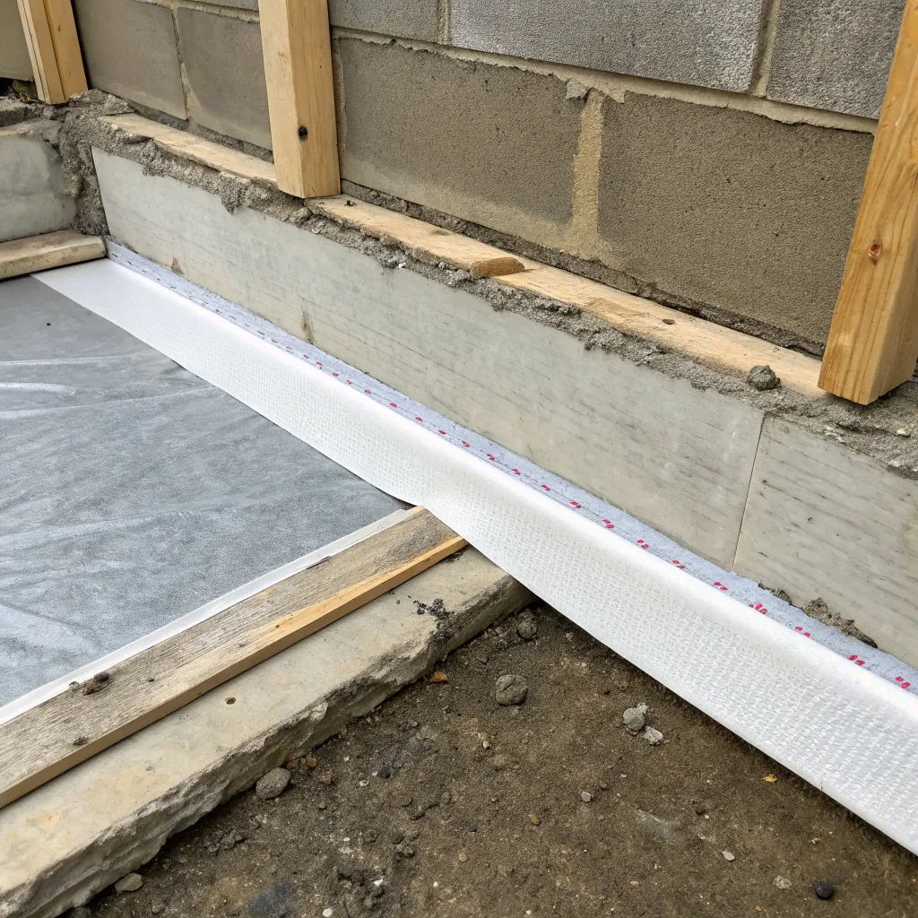 Waterproofing fabric reinforcement applied to shower floor to wall junction