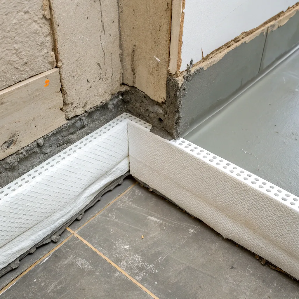 AS 3740 junction treatment with reinforcing fabric applied to internal bathroom corner